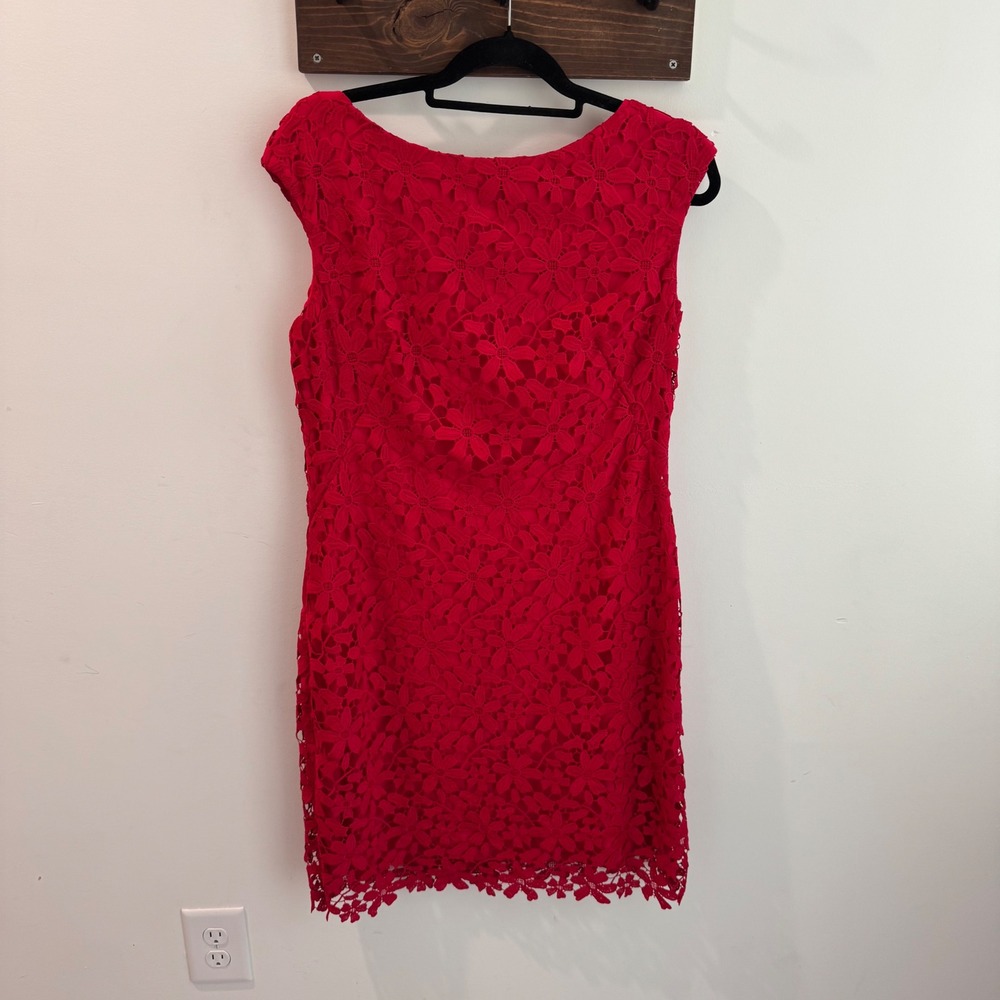 Lauren Ralph Lauren Red Floral Lace‎ Sheath Dress Cap Sleeve Boat Neck Size 14